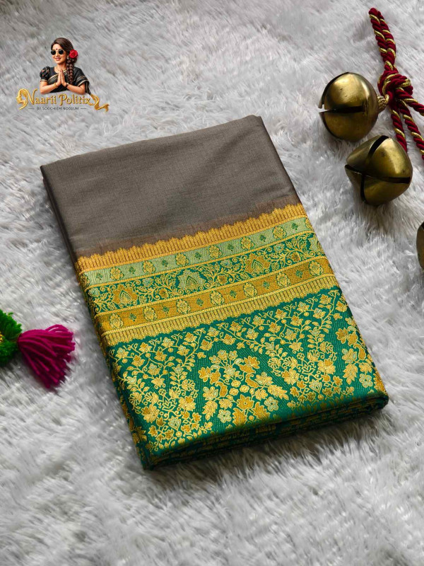 Pure Mulberry Silk Saree in Antique Grey and Teal Green[SAREE000033]