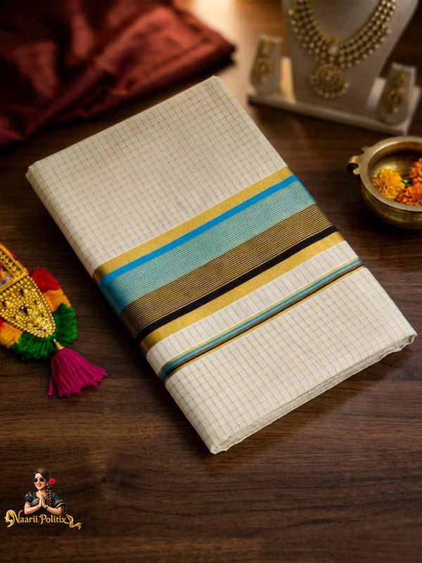 Small Arani Checks Cotton Kasavu Saree with Two Color Kara - Blue and Black [SAREE0000132]