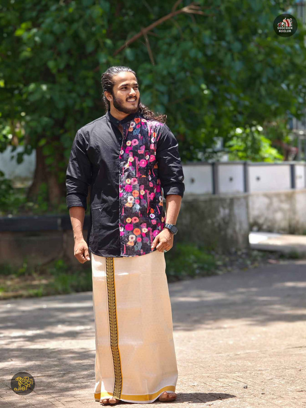 Black Premium Designer Half Patch Shirt+ Single Kasavu Dhotie Combo[COMBO00062]