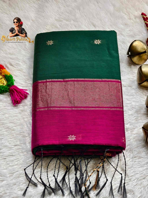 Maheswari  Silk Cotton Saree - Bottle Green Body Rani Pink Pallu [SAREE00003]