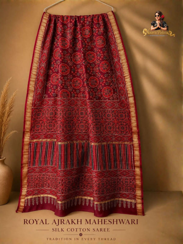 ROYAL AJRAKH MAHESHWARI SILK COTTON SAREE - ROYAL MAROON RED & BLACK