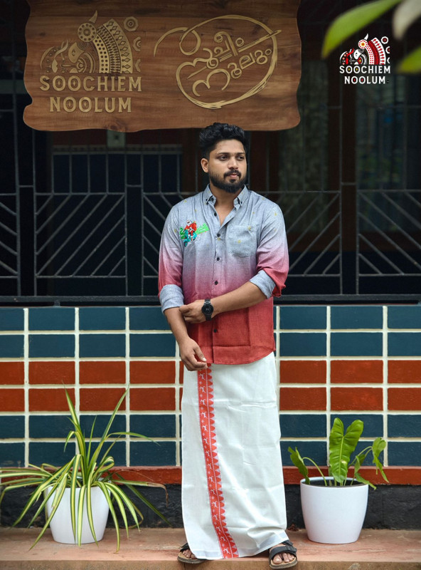 Embroidery premium Designer Red & Off- White Ombre shirt + Single kasavu dhoti combo[COMBO000200]