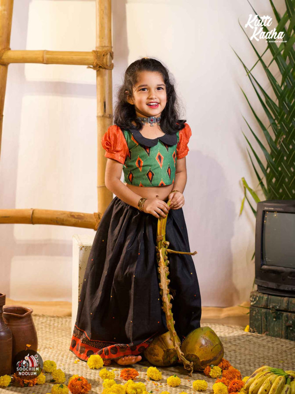 NIRAKKOOTT-  Orange & Black Ikat Skirt and Top for Girls[SKIRTOP0008]