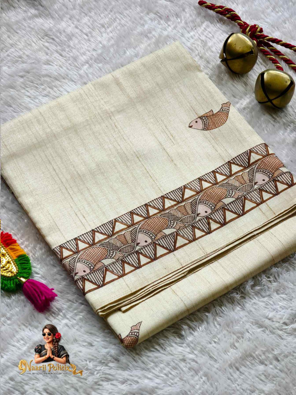 Semi Jute Silk Saree With Print - Off White and Brown [SAREE000062]