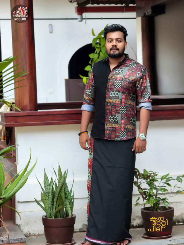 Black Premium Designer Half Patch Shirt + Single Dhothi Combo[COMBO000177]