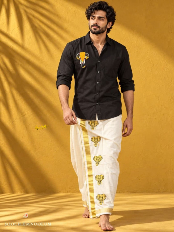BLACK ELEPHANT EMBROIDERY DESIGNER PREMIUM SHIRT +  DOUBLE DHOTI COMBO