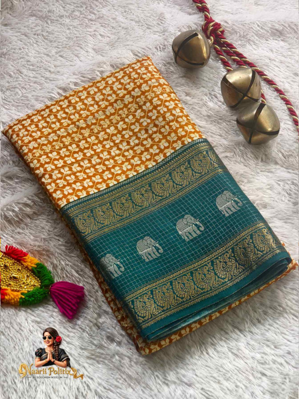 Checked Crepe Silk With Elephant Border Mustard Orange and Teal Green [SAREE000045]