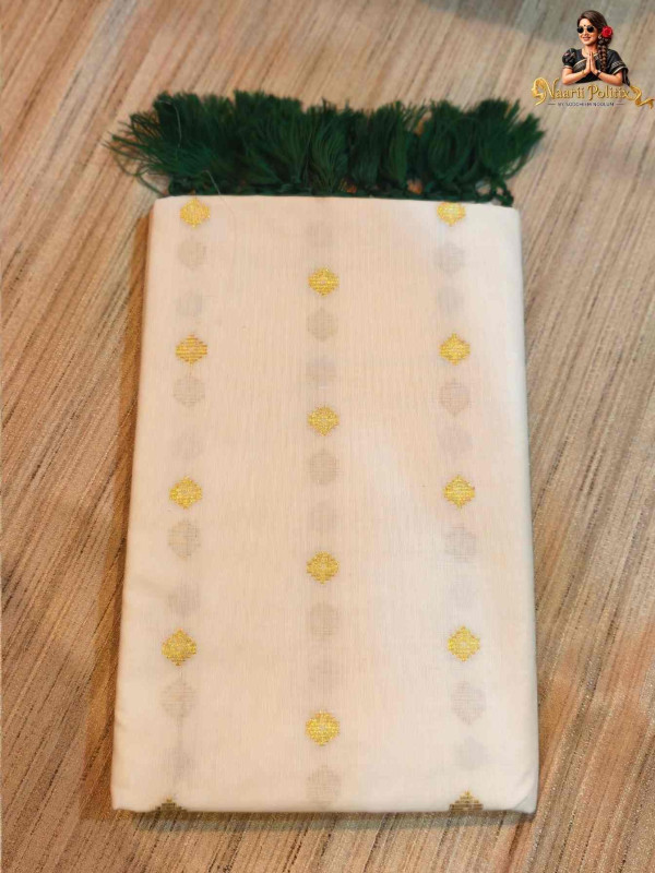 Boarder Less Cotton Saree Buttas and Checks - Green and Gold [SAREE0000104]