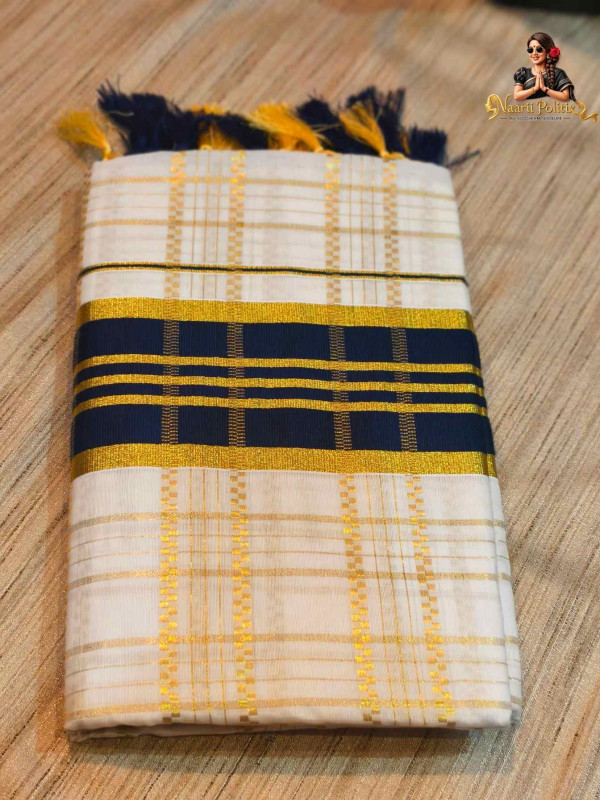 Checked Cotton Kasavu Saree - Navy Blue and Gold [SAREE0000117]
