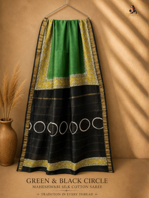 GREEN & BLACK CIRCLE MAHESHWARI SILK COTTON SAREE