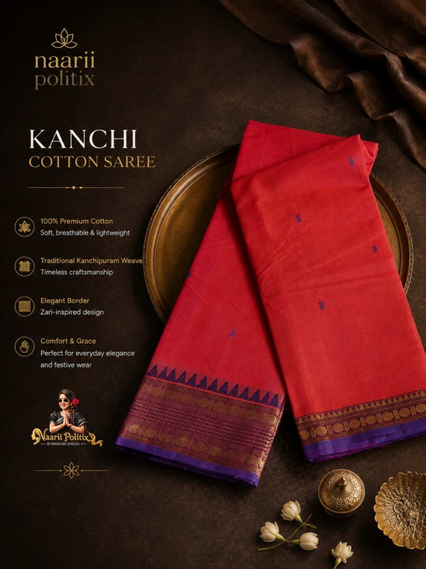 Premium Kanchi Cotton Saree - Vermilion Red