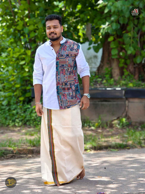White Premium Designer Half Patch Shirt+ Single Kasavu Dhotie Combo[COMBO00067]