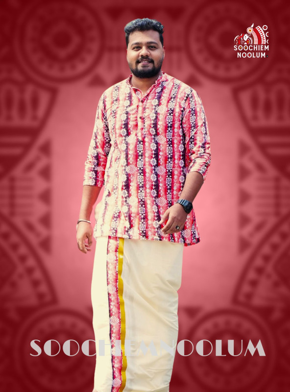 Orange Shaded Premium Designer Velvet Kurta +Golden Kasavu Double Dhoti [Clearance Sale][KURTACOMBO00039]