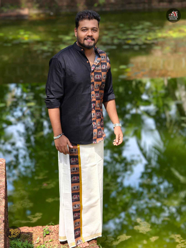 Black Designer Elephant Half Patch Shirt+ Double Kasavu Dhotie Combo[COMBO00098]