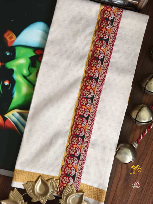 Tissue Golden Jacquard Kasavu Colour Full Embroidery Designer Premium Single Dhoti[SINGLE000150]