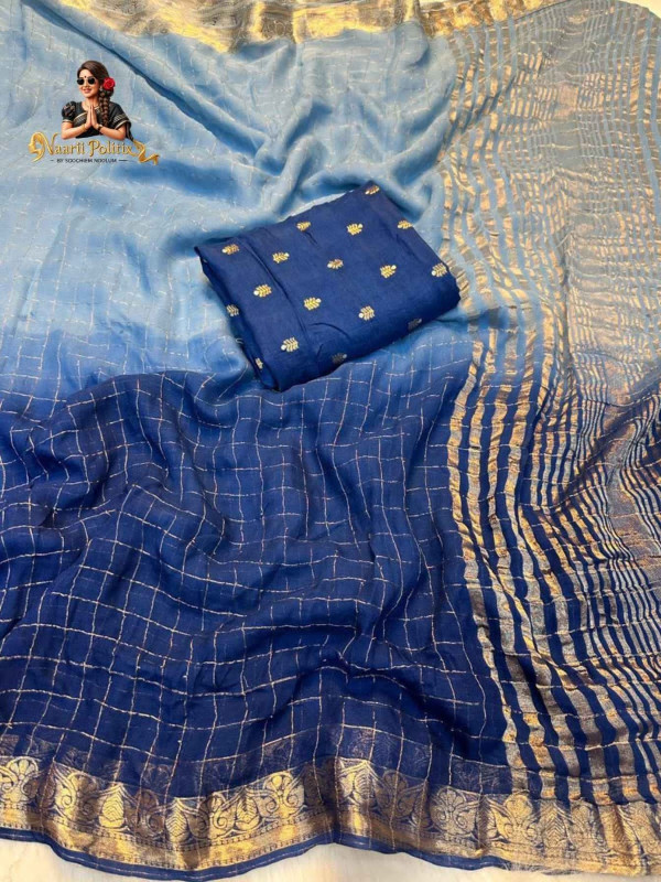 Pure Viscose Weaving Jacquard Saree with Pure  viscose Matching Blouse- Royal Blue & Sky Blue [SAREE0000182]