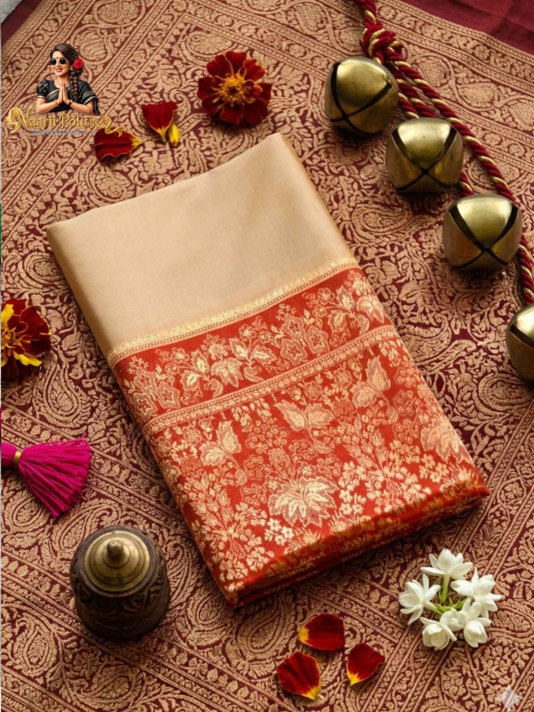 Pure Mulberry Silk Saree in Light Gold and Reddish Orange [SAREE000034]