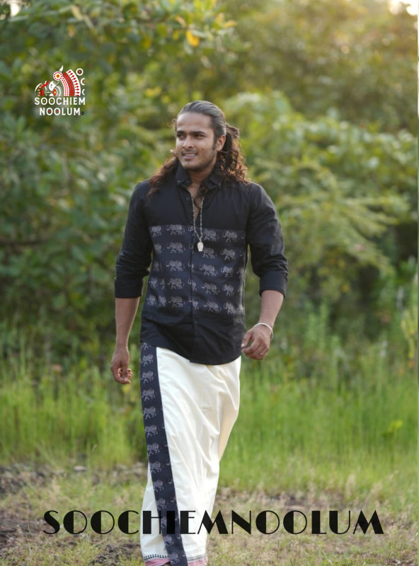 Black Premium Elephant Designer Center Patch Shirt + Single Cotton Dhothi[COMBO000206]