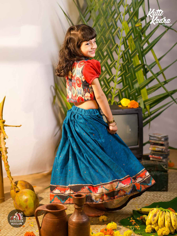 NIRAKKOOTT-  Blue & Red Ikat Skirt and Top for Girls[SKIRTOP0009]