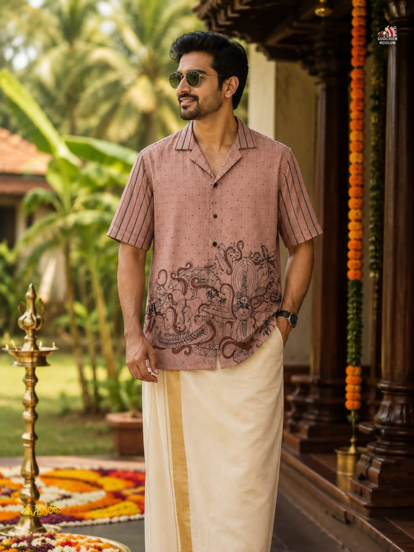 PRE BOOK ONLY SHIPPING AFTER 7 WORKING DAYS-ONAM SPECIAL PREMIUM DESIGNER SHIRT BEIGE HS - ELASTIC COTTON GOLDEN KASAVU DOUBLE DHOTI COMBO