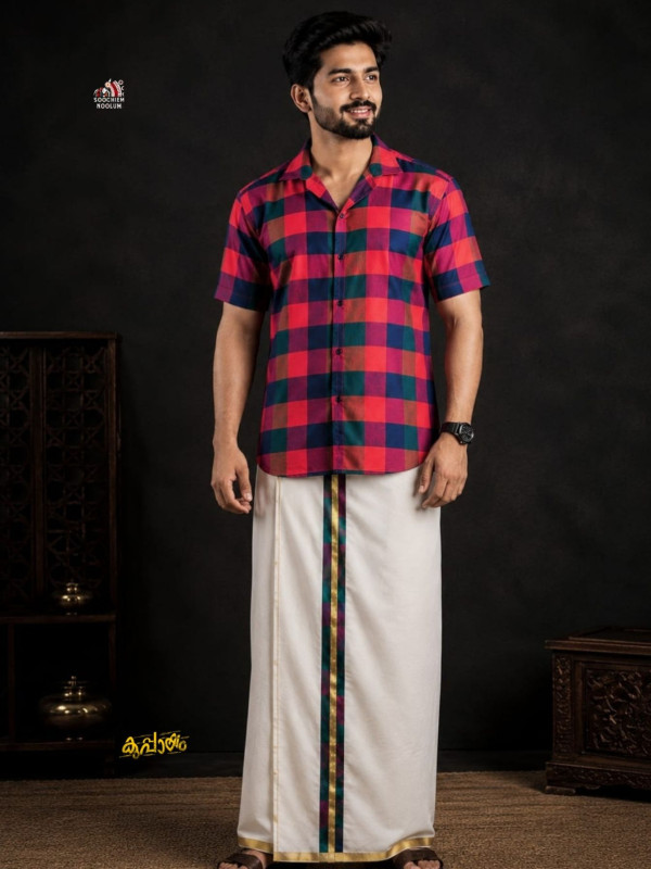 PREMIUM DESIGNER SHIRT -  DOUBLE GOLDEN COTTON KASAVU DHOTI COMBO