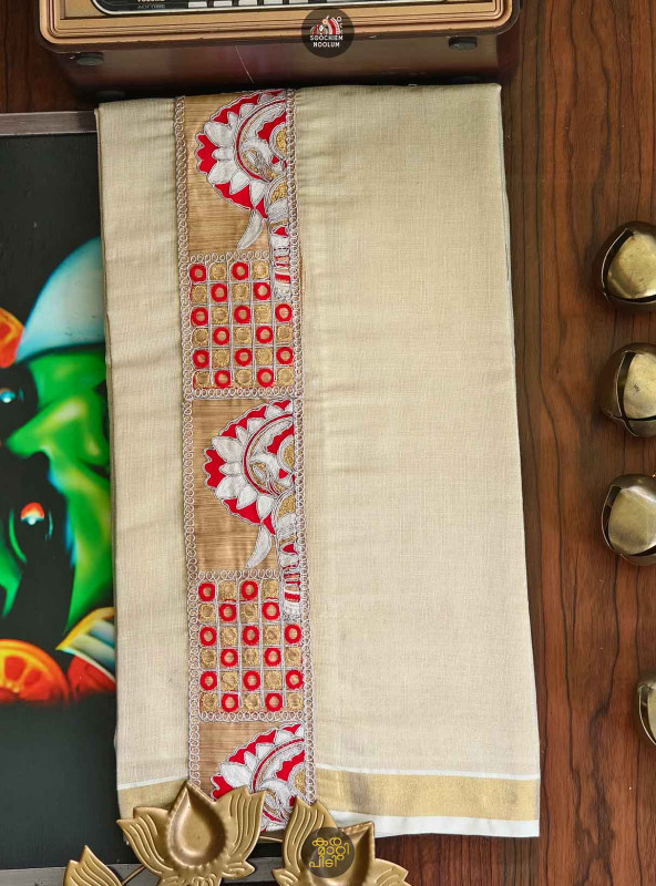 Multi Colour Embroidery Gold Kasavu Premium Double Dhoti