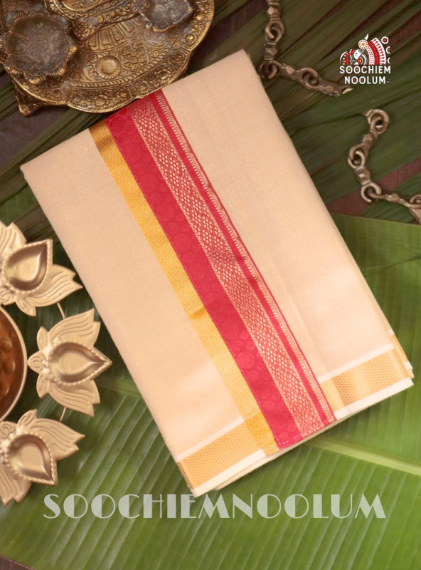 Multi Colour Embroidery Golden Kasavu Single Dhoti