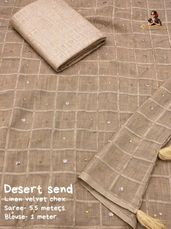 Soft Linen Saree With Weaving Chex Of Velvet Thread -  Sand beige [SAREE0000189]