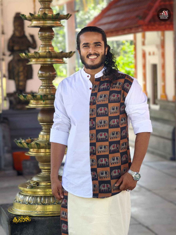 White Designer Elephant Half Patch Shirt+ Double kasavu Dhotie Combo[COMBO00074]