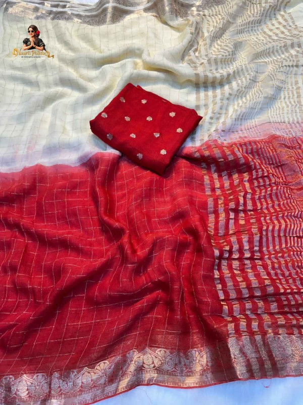 Pure Viscose Weaving Jacquard Saree with Pure  viscose Matching Blouse- Cream & Deep Red [SAREE0000180]