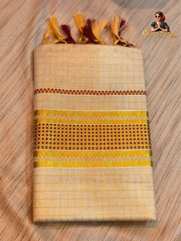 Small Checked Tissue Kasavu Saree - Gold and Maroon [SAREE000082]