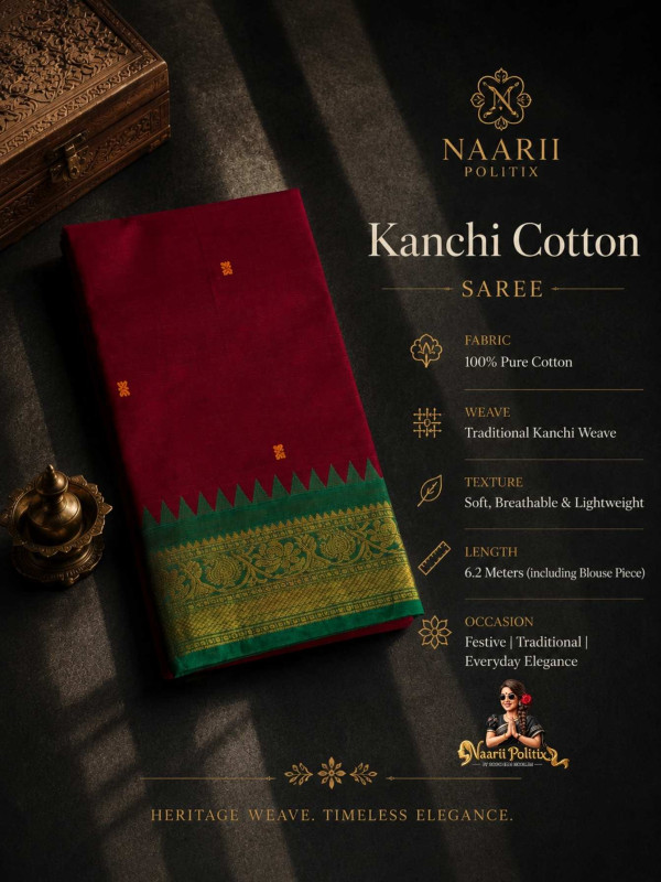 Premium Kanchi Cotton Saree - Rich Wine