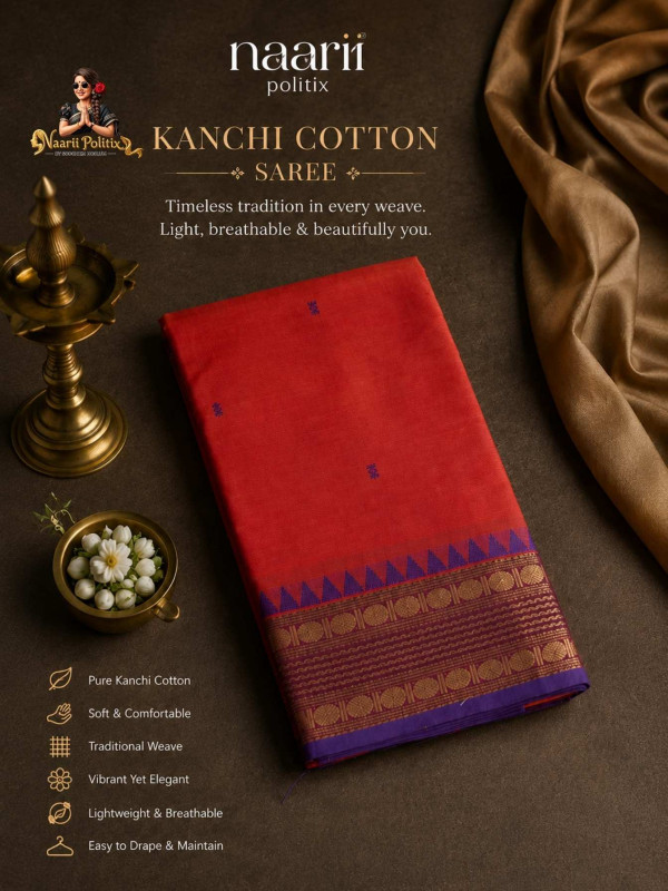 Premium Kanchi Cotton Saree - Vermilion Red