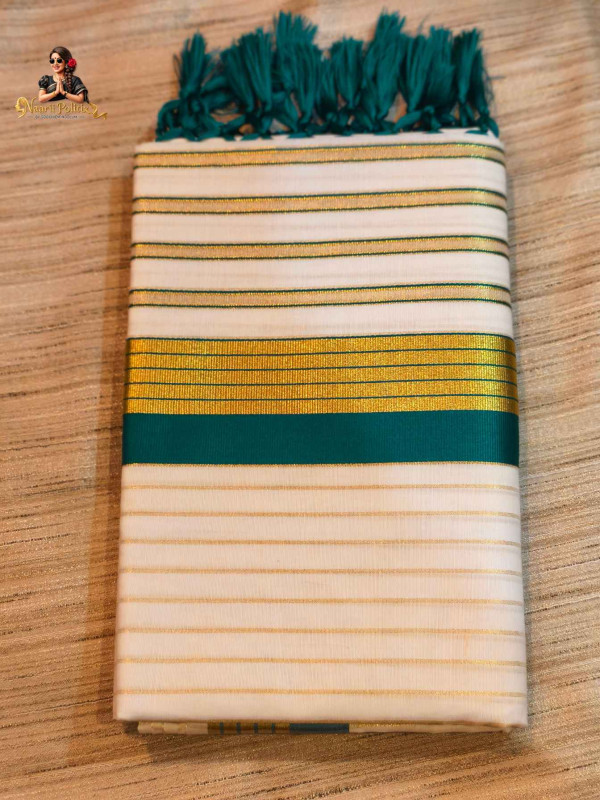 Cotton Striped Kerala Saree With Tassels Single Color Kara- Green and Gold [SAREE000076]