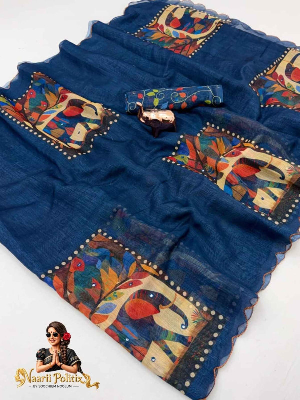 Fancy Linen Printed linen Saree - Deep Navy Blue [SAREE0000165]