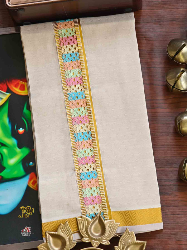 Multi Colour Embroidery Jacquard Gold Kasavu Tissue Premium Single Dhoti